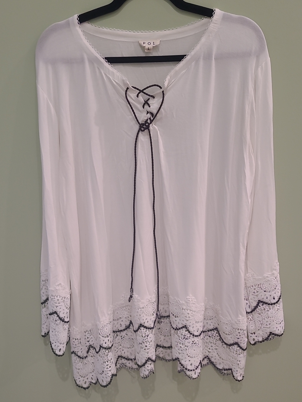 POL White Lace-Trim Peasant Tunic with Faux Leather Tie